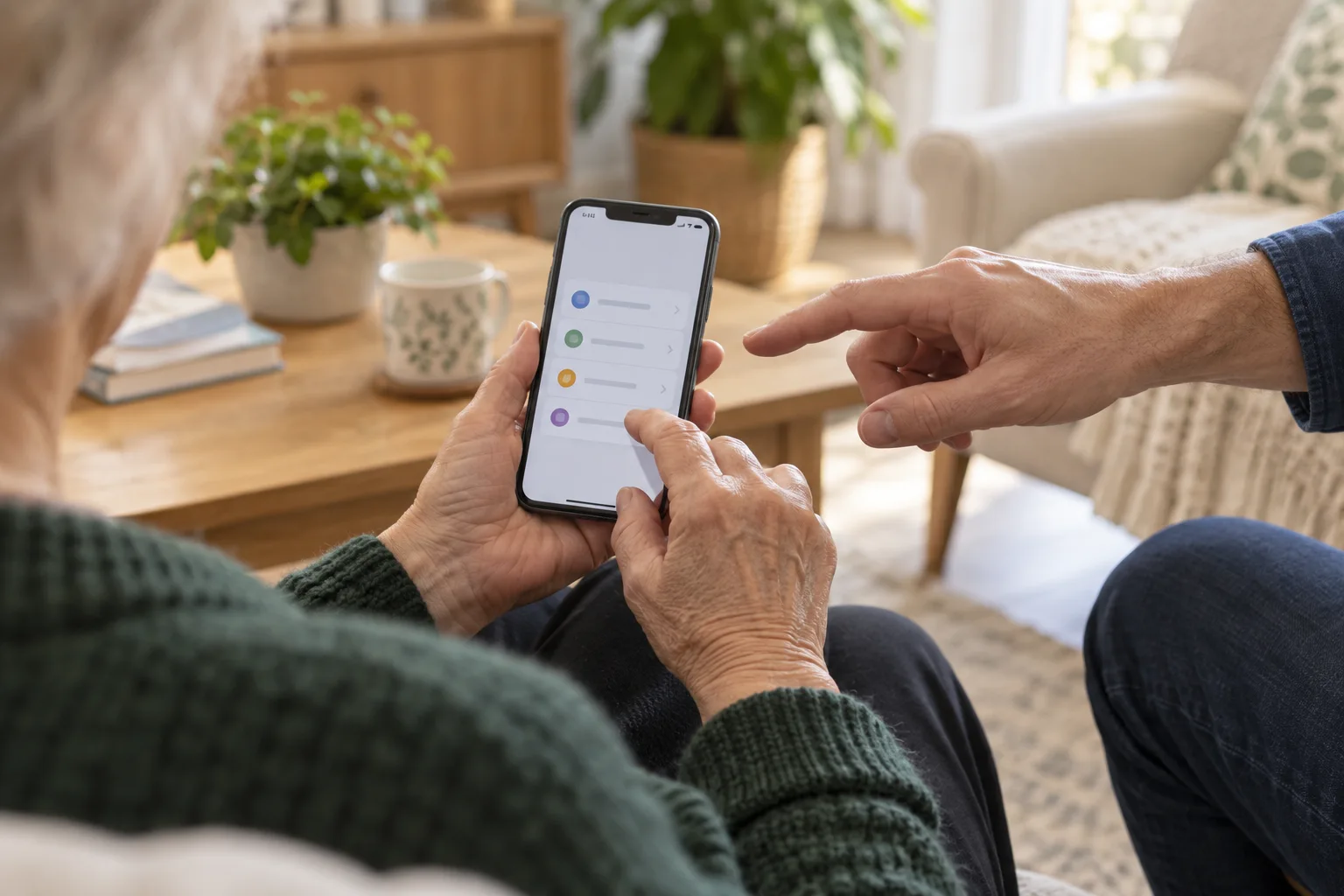 A learner operates their own phone with a supportive hand nearby.