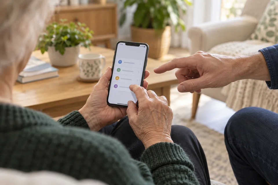 An older adult holds their own phone while a helper offers guidance.