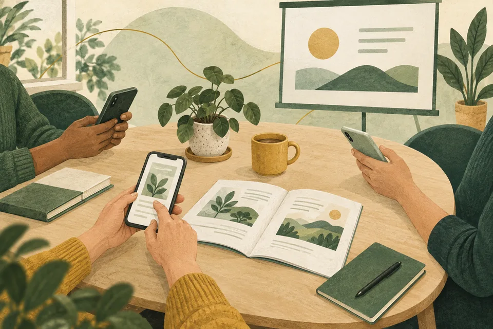Illustration of community learning with phones, teaching materials and a shared display.